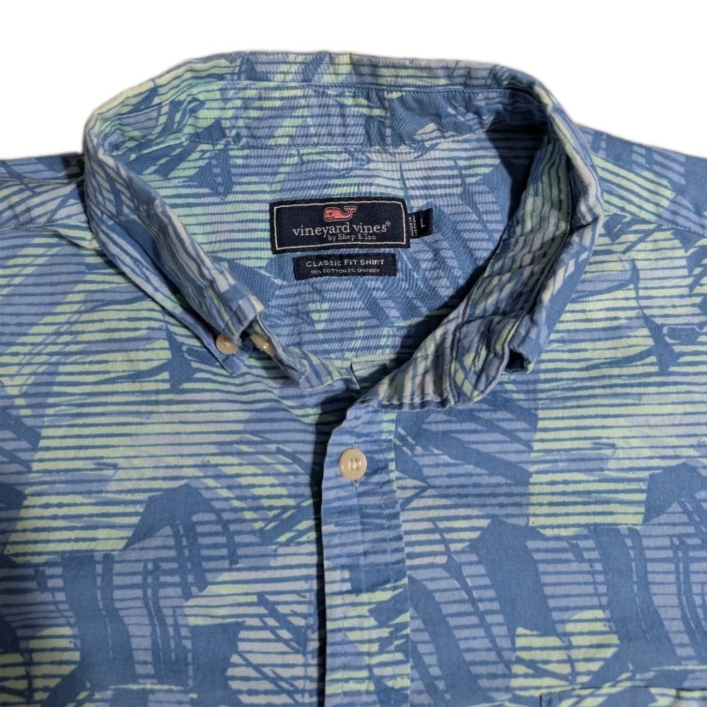 Vineyard Vines Mens Large Tropical Palm Leaf Short Sleeve Button Down Shirt Blue - Picture 2 of 7